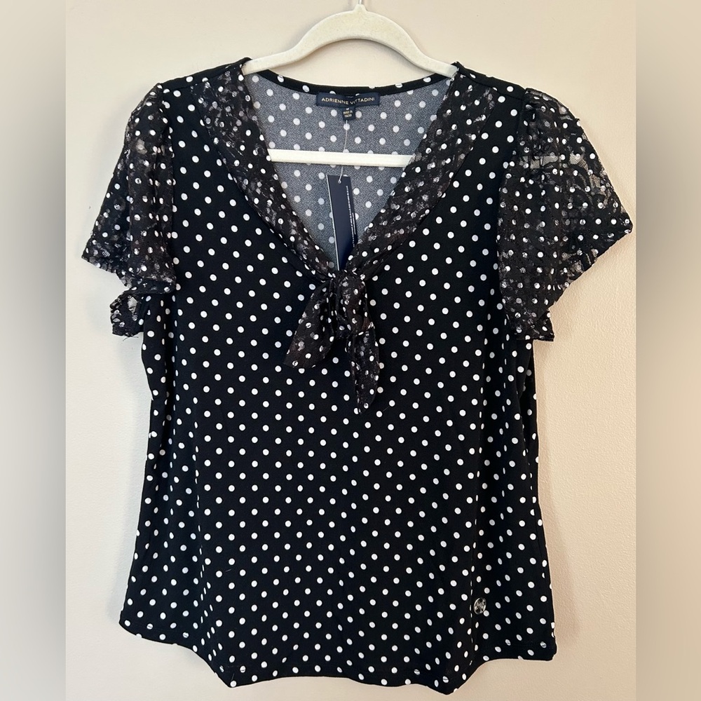 Adrienne Vittadini Black Polka Dot Tie-Neck Short Sleeve Top